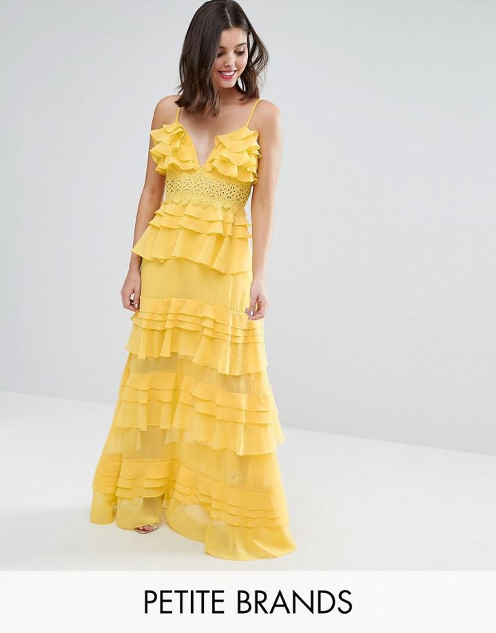 True Decadence Petite Plunge Front Tiered Ruffle Maxi Dress - Yellow