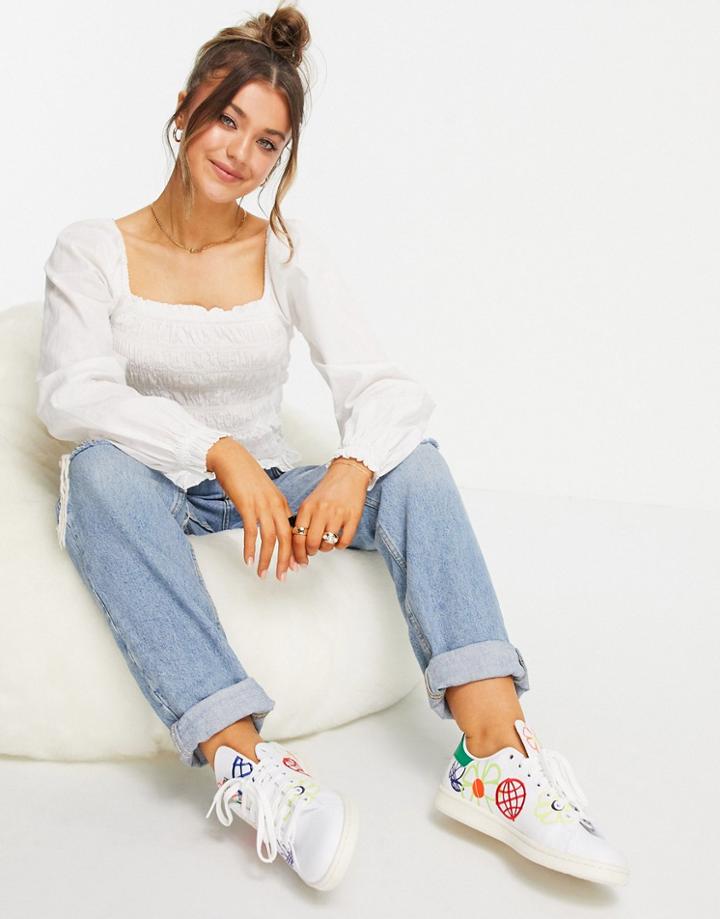 Jdy Shirred Cotton Top With Volume Sleeve In White