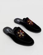 Asos Design Backless Mule Loafer In Black Velvet With Badge - Black