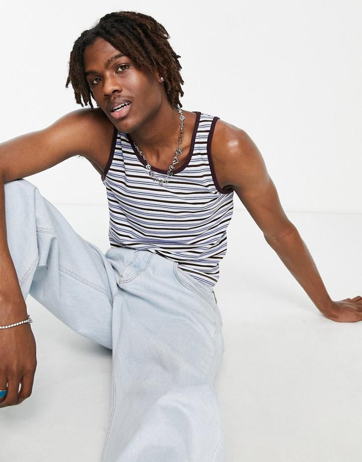 Asos Design Muscle Tank Top In Blue & Brown Ribbed Stripe
