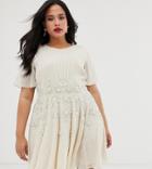 Asos Design Curve Pretty Embellished Smock Mini Dress-cream