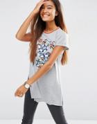 Asos T-shirt With Chinoserie Print And Emboridery With Sparkly Tipping - Gray