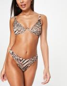 Asos Design Mix And Match Rib V Wire Bikini Top In Leopard Animal Print-multi