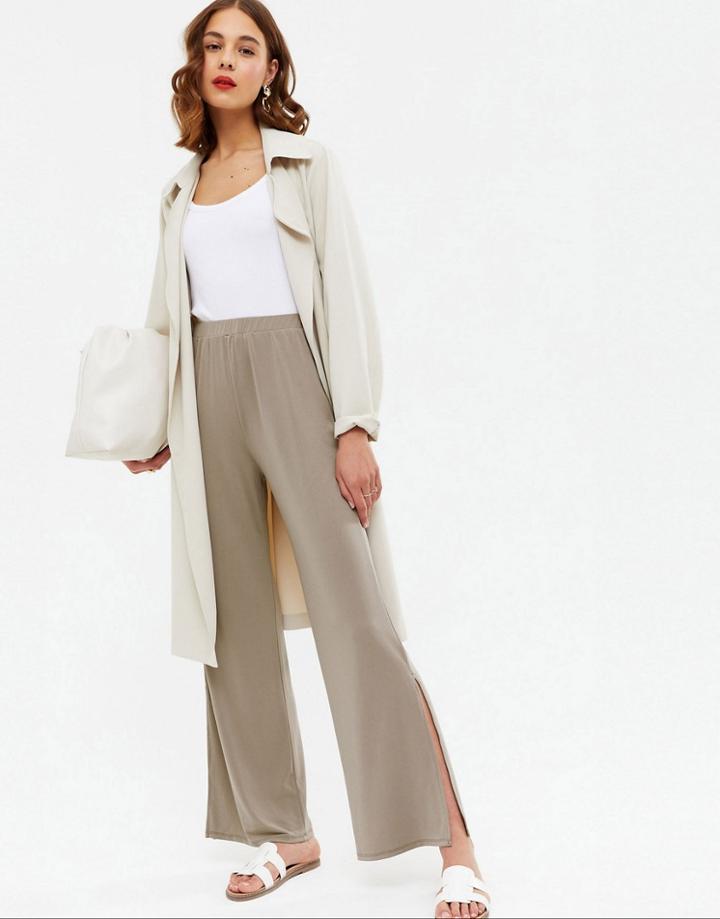 New Look Side Slit Wide Leg Pants In Mink-brown