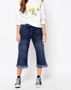 Pull & Bear Frayed Hem Cropped Jeans - Blue