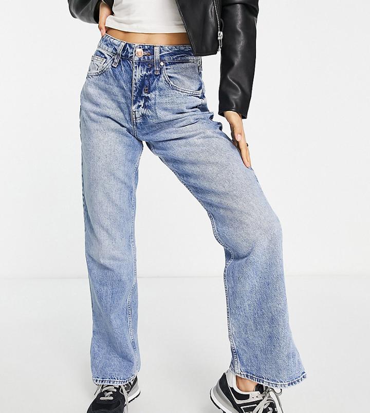 River Island Petite 90s Straight Cut Slit Hem Jeans In Light Blue