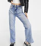 River Island Petite 90s Straight Cut Slit Hem Jeans In Light Blue