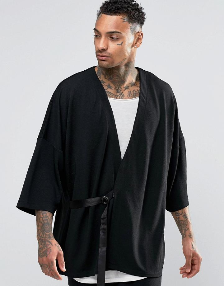 Asos Kimono With Belt In Textured Fabric - Black