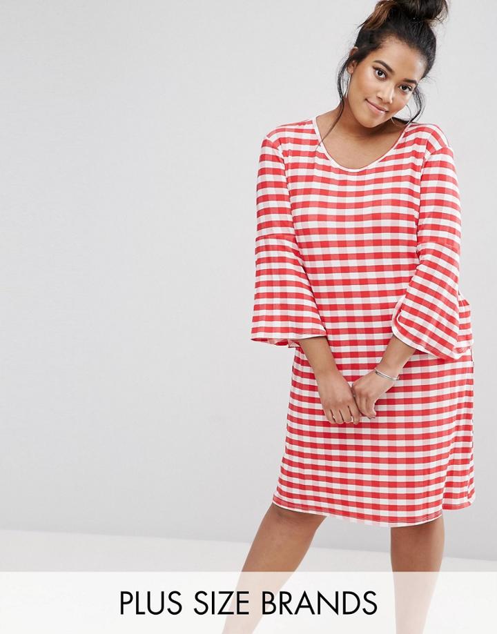 Pink Clove Gingham Print Skater Dress With Fluted Sleeve - Red