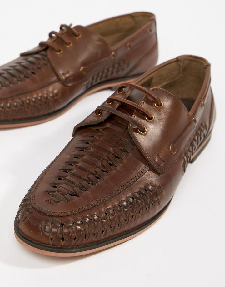 Asos Design Lace Up Woven Shoes In Tan Leather - Tan