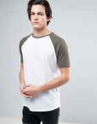 Asos Longline T-shirt With Contrast Raglan Sleeves And Curved Hem - White