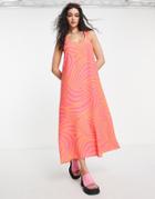 Asos Design Scoop Neck Trapeze Maxi Dress In Pink / Orange Swirl Print-multi