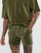Asos Design Two-piece Skinny Shorts In Shorter Length In Velour In Khaki - Blue