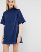 Love & Other Things 3/4 Sleeve Faux Suede High Neck Shift Dress - Blue