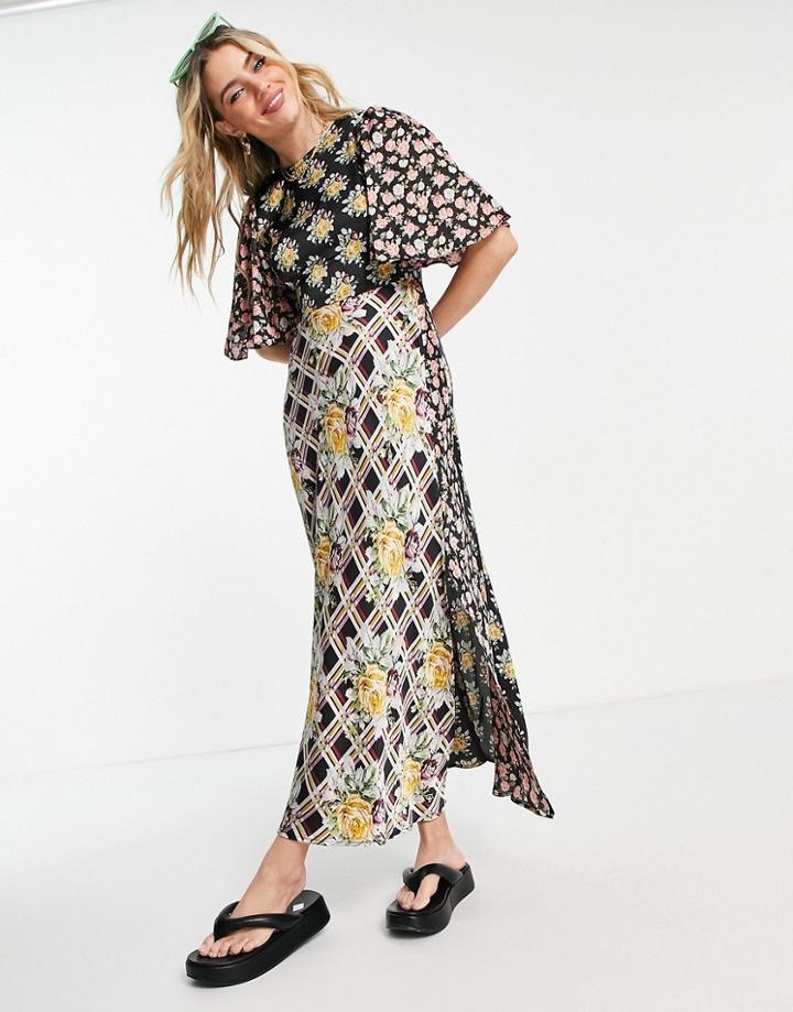 Asos Design Angel Sleeve Mix And Match Print Midi Tea Dress-multi