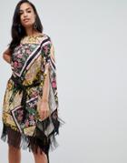 Asos Design Scarf Print Satin Cape Midi Dress With Self Tie Belt - Multi