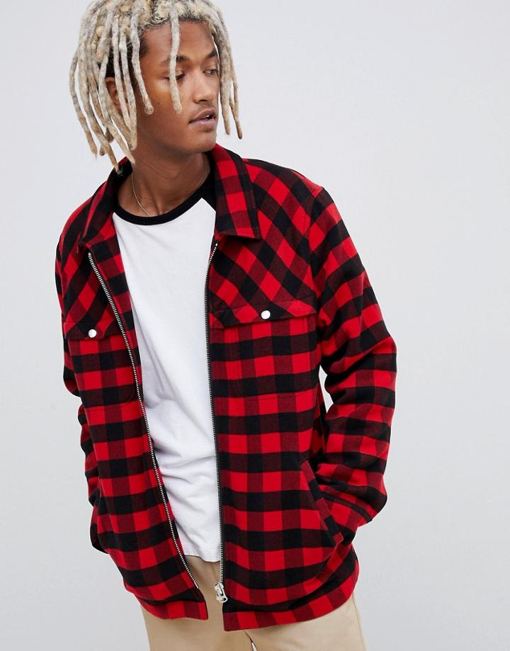 Weekday Lennie Check Borg Workwear Jacket - Red