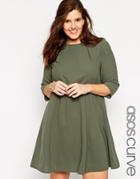 Asos Curve Seamed Swing Dress With Long Sleeve - Khaki