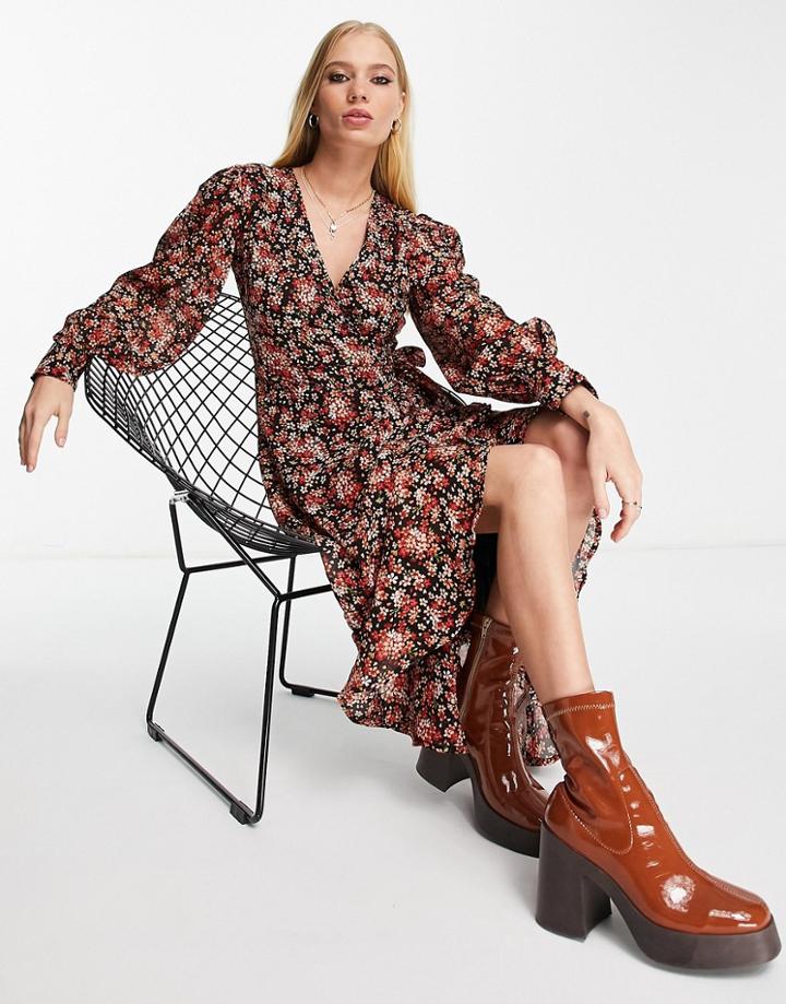 Violet Romance Frill Wrap Midi Dress In Floral Print-multi