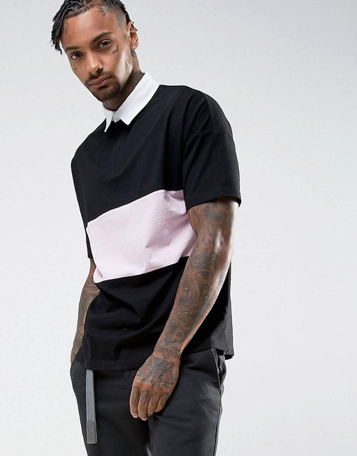 Asos Oversized Rugby Polo Shirt With Contrast Panel In Black - Black