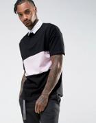 Asos Oversized Rugby Polo Shirt With Contrast Panel In Black - Black