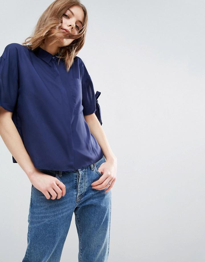 Asos Boxy Casual Shirt With Tie Sleeve - Navy