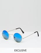 Reclaimed Vintage Round Sunglasses With Blue Lens - Silver