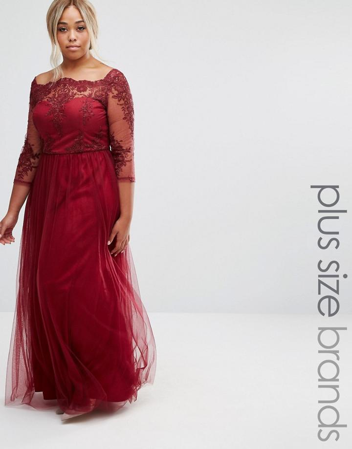Chi Chi London Plus Premium Lace Bodice Maxi Dress With Tulle Skirt - Red