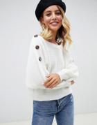 Asos Design Sweater In Ripple Stitch With Button Detail-cream