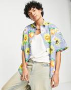 Asos Design Boxy Oversized Shirt In Linen Mix With Fruit Print-blue