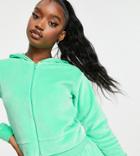 Asyou Velour Cropped Zip Through Hoodie Set In Green