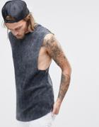 Asos Rib Longline Sleeveless T-shirt With Acid Wash In Black - Black