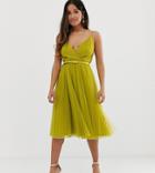 Asos Design Petite Belted Pleated Tulle Cami Midi Dress - Green
