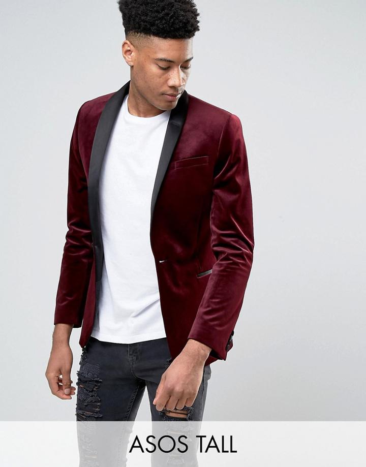 Asos Tall Skinny Blazer In Velvet In Burgundy - Red