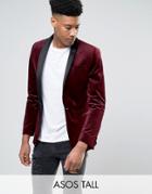 Asos Tall Skinny Blazer In Velvet In Burgundy - Red