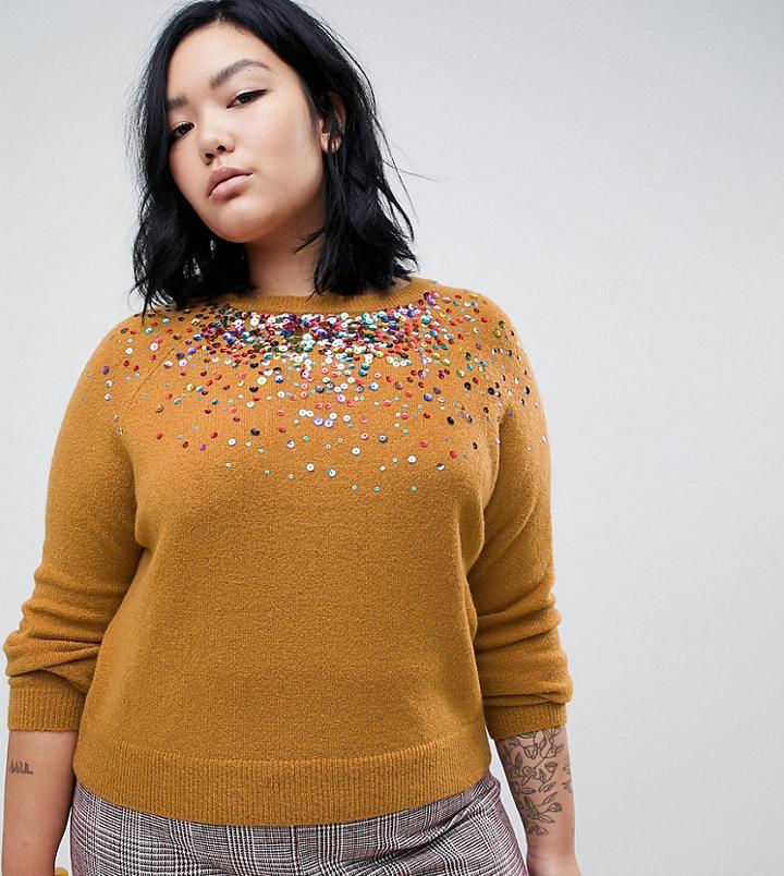 Asos Design Curve Sweater With Scattered Sequin Detail - Stone