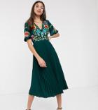 Asos Design Tall Pleated Embroidered Midi Dress-green