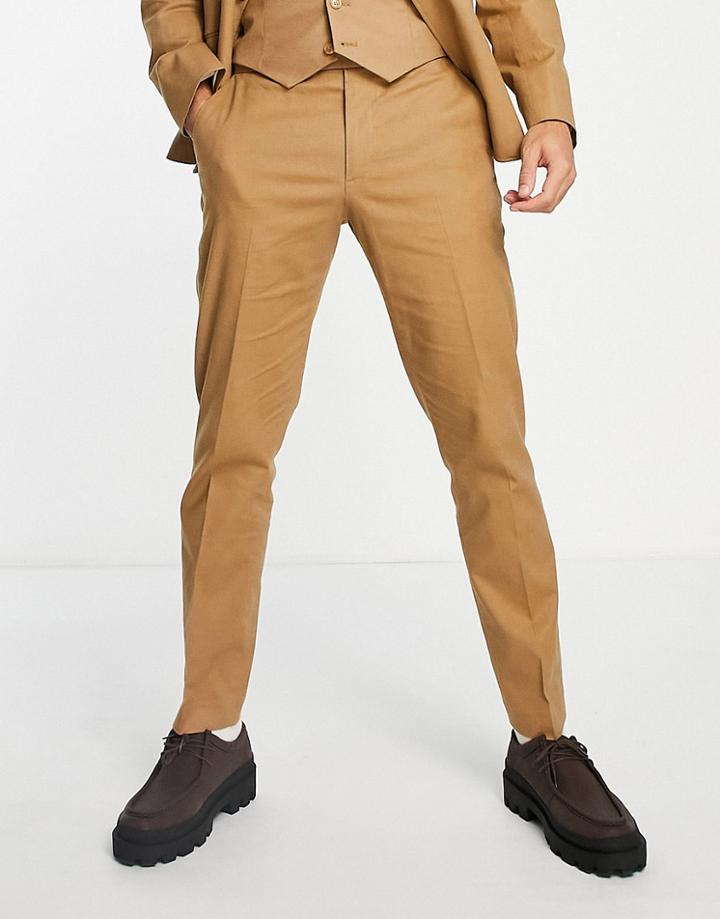 Asos Design Slim Linen Suit Pants In Tobacco-brown
