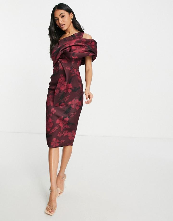 Asos Design Peekaboo Shoulder Tuck Midi Pencil Dress In Print Red Floral