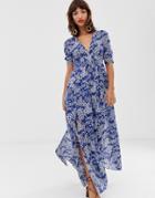 & Other Stories Tie Waist Midaxi Dress In Blue Coffee Bean Print - Multi