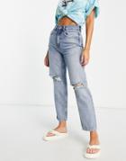 Only X Neon & Nylon High Waist Straight Leg Jeans With Butterfly Print In Mid Wash Blue