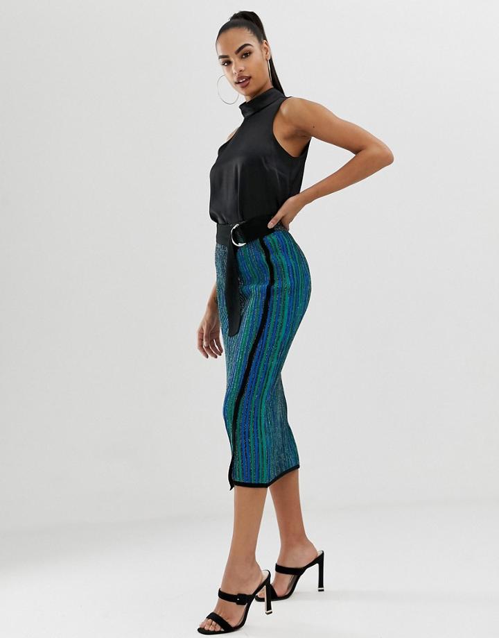 Asos Design Knitted Midi Skirt In Metallic Multi Stripe With D Ring Belt