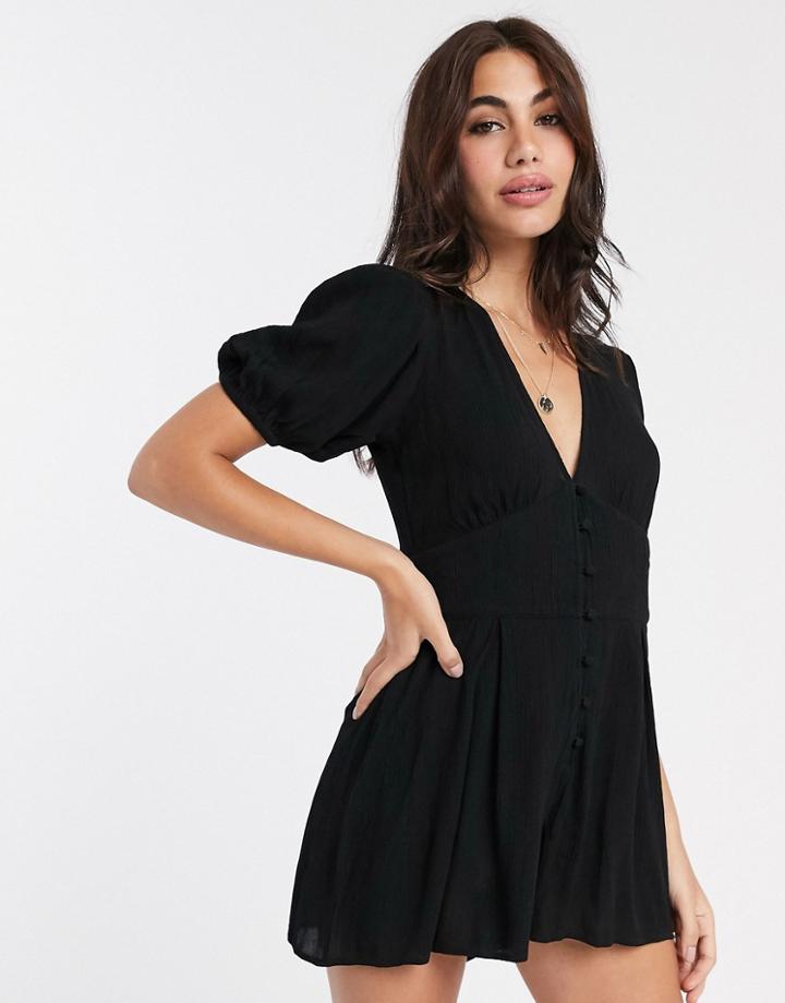 Asos Design Crinkle Tea Romper With Puff Sleeve In Black