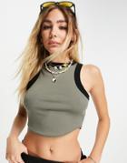 Asos Design Tank Top With Contrast Tipping In Khaki-green