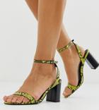 Asos Design Hong Kong Barely There Block Heeled Sandals In Yellow Snake-multi