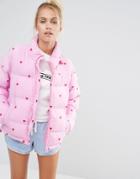 Lazy Oaf Short Padded Jacket With All Over Heart Print - Pink