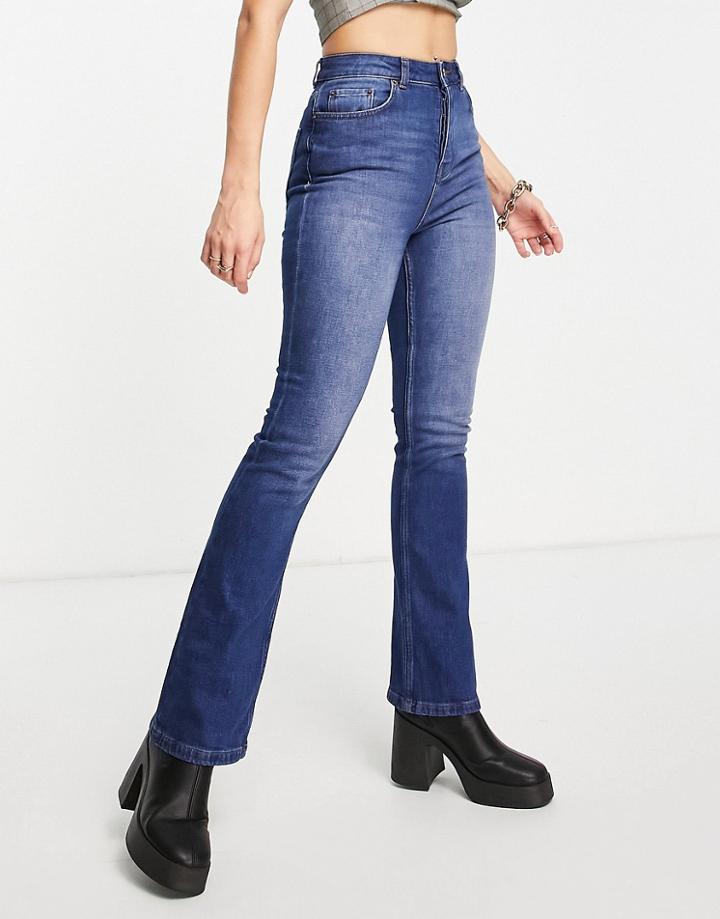 Asos Design Premium Hemp Blend 70s Stretch Flare Jeans In Dark Blue
