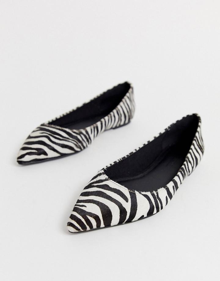 Asos Design Latch Pointed Leather Ballet Flats In Zebra Pony - Multi