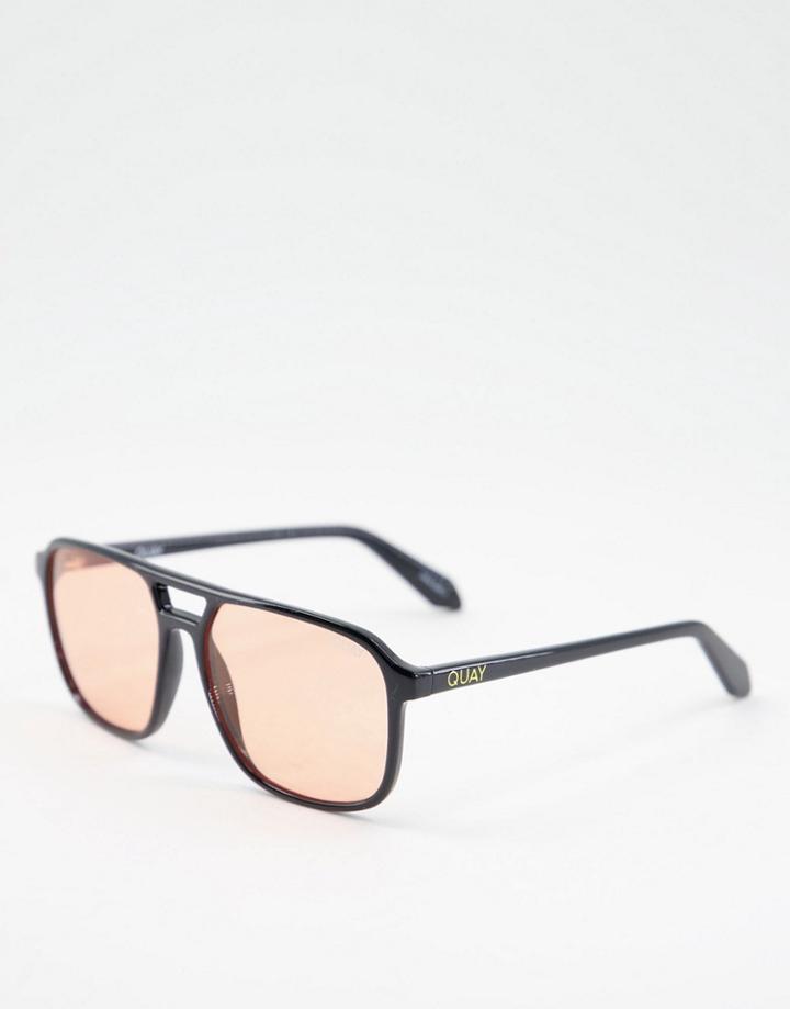 Quay On The Fly Aviator Sunglasses With Orange Lens In Black