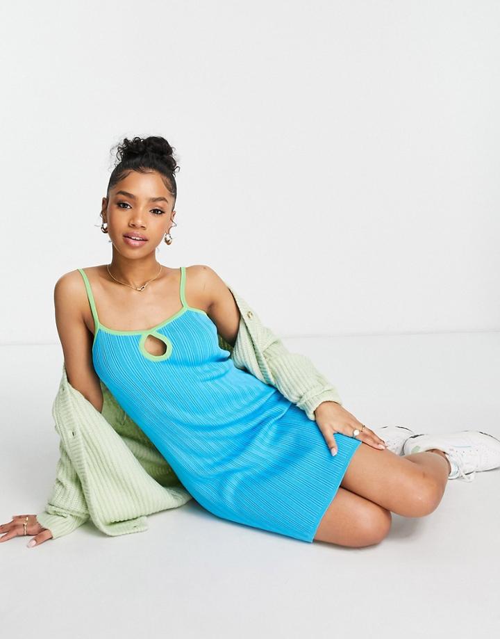 Asos Design Knit Mini Dress With Cut Out Detail And Contrast Trims In Blue